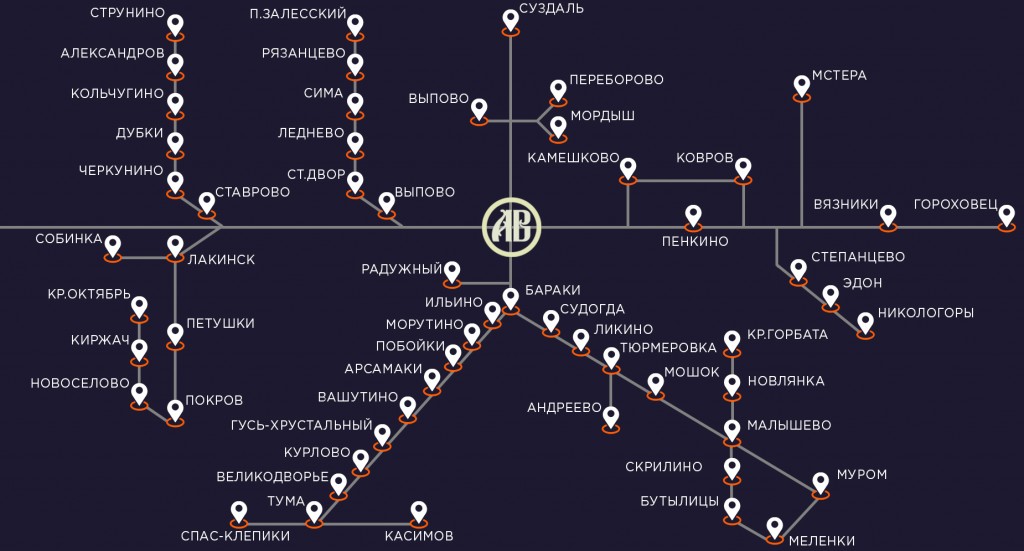 Схема маршрутной сети Владимирского автовокзала
